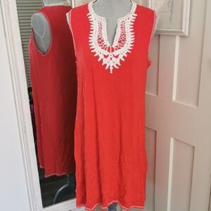 Max Studio Crochet Beachy Boho Summergirl ❤️ Red Midi  Shift Dress. Size L